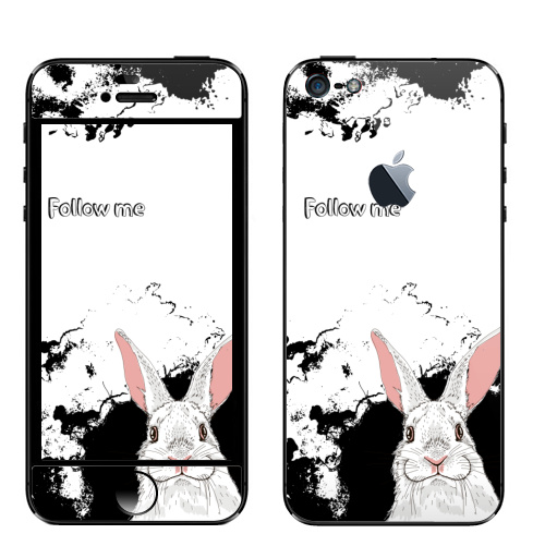 Наклейка на Телефон Apple iPhone 5 с яблоком Следуй за белым кроликом,  купить в Москве – интернет-магазин Allskins, надписи на английском, заяц, белый, графика, надписи, черный, черно-белое, кролики, животные, зима