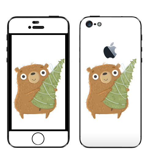 Наклейка на Телефон Apple iPhone 5 с яблоком Новогодний Мишка,  купить в Москве – интернет-магазин Allskins, медведь, новый год, персонажи, детские