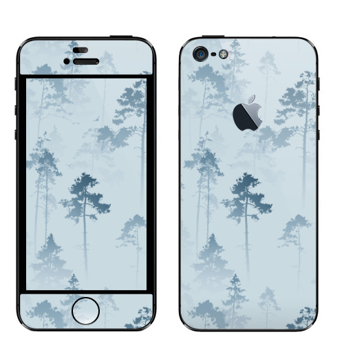 Наклейка на Телефон Apple iPhone 5 с яблоком Лес. Туман,  купить в Москве – интернет-магазин Allskins, лес, деревья, сосны, туман, птицы, природа, пейзаж, небо, полёт