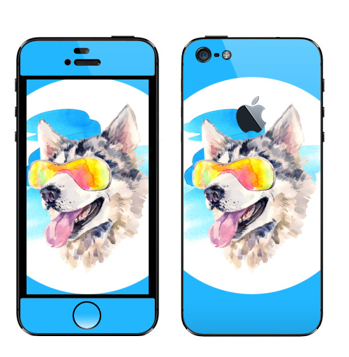 Наклейка на Телефон Apple iPhone 5 с яблоком Хаски сноубордист,  купить в Москве – интернет-магазин Allskins, крутые животные, мило, животные, персонажи, собаки, хаски, акварель, детские, соба, милые животные