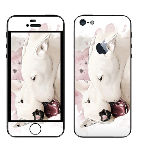 Наклейка на Телефон Apple iPhone 5 с яблоком Влюбленные бультерьеры,  купить в Москве – интернет-магазин Allskins, крутые животные, собаки, бультерьер, любовь, сердце, акварель, нежно, поцелуй, животные, милые животные