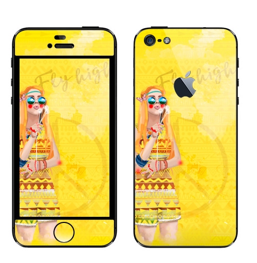 Наклейка на Телефон Apple iPhone 5 с яблоком Девушка Хиппи,  купить в Москве – интернет-магазин Allskins, девушка, лето, желтый, оранжевый, хиппи, очки, рыжая, любовь, солнце
