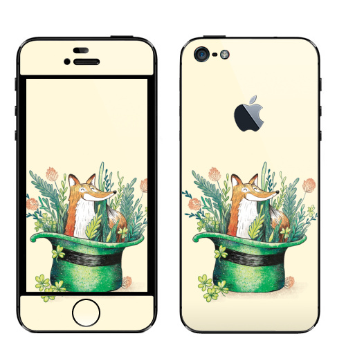 Наклейка на Телефон Apple iPhone 5 с яблоком Ирландский лис,  купить в Москве – интернет-магазин Allskins, лиса, Ирландия, клевер, шляпа