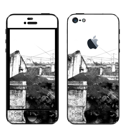 Наклейка на Телефон Apple iPhone 5 с яблоком Туманный город,  купить в Москве – интернет-магазин Allskins, черно-белое, город, городскойстиль, серый, сером, графика, Питер