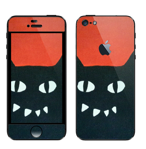 Наклейка на Телефон Apple iPhone 5 с яблоком Черный кот на красном.,  купить в Москве – интернет-магазин Allskins, кошка, животные, Красночерный, черный, черныйкот, красный, Глазищи, зубастый