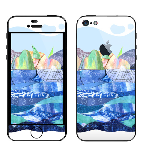 Наклейка на Телефон Apple iPhone 5 с яблоком Коллаж с пейзажем, озеро и скалы,  купить в Москве – интернет-магазин Allskins, коллаж, радость, круто, детские, школьный, озеро, природа, синий, бумага, голуой
