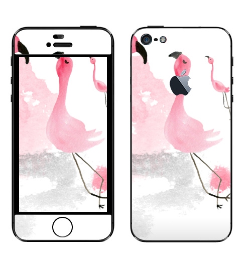 Наклейка на Телефон Apple iPhone 5 с яблоком Акварельная иллюстрация фламинго,  купить в Москве – интернет-магазин Allskins, розовый, фламинго, акварель