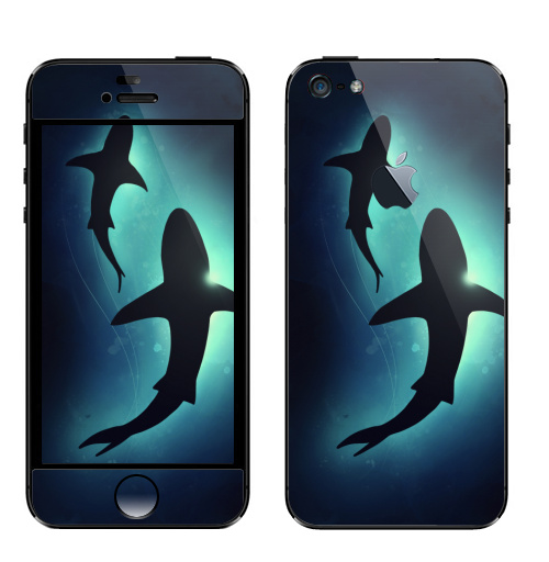 Наклейка на Телефон Apple iPhone 5 с яблоком Черные акулы,  купить в Москве – интернет-магазин Allskins, брызги, акварель, иллюстация, паттерн, солнце, вода, оекан, морская, рыба, акула