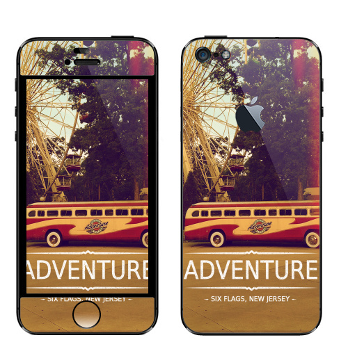 Наклейка на Телефон Apple iPhone 5 с яблоком Adventure,  купить в Москве – интернет-магазин Allskins, надписи на английском, типографика, автомобиль, NY, приключения, природа, текстура, джерси, Америка