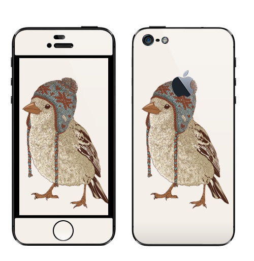 Наклейка на Телефон Apple iPhone 5 с яблоком Птица в шапке,  купить в Москве – интернет-магазин Allskins, 300 Лучших работ, пипстер, шапка, птицы, зима, новый год, коричневый, крутые животные