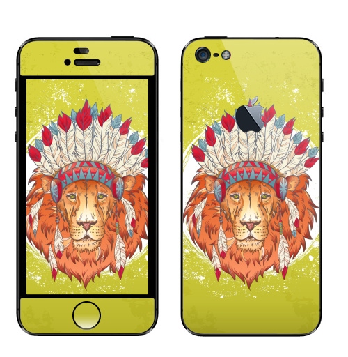 Наклейка на Телефон Apple iPhone 5 с яблоком ВОЖДЬ ЗВЕРЕЙ,  купить в Москве – интернет-магазин Allskins, индеец, животные, лев, иллюстация, перья