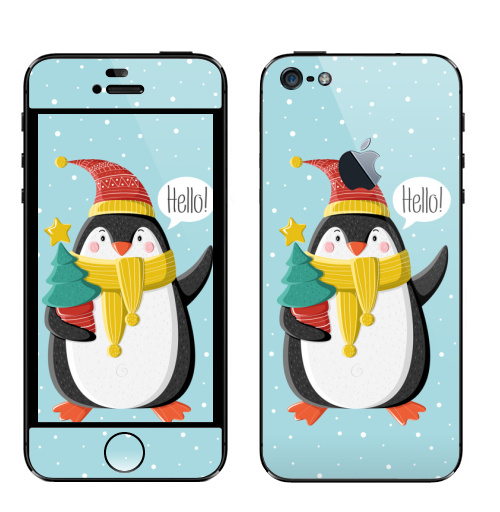 Наклейка на Телефон Apple iPhone 5 с яблоком Пингвин с ёлкой,  купить в Москве – интернет-магазин Allskins, шапка, снег, новый год, пингвин, детские