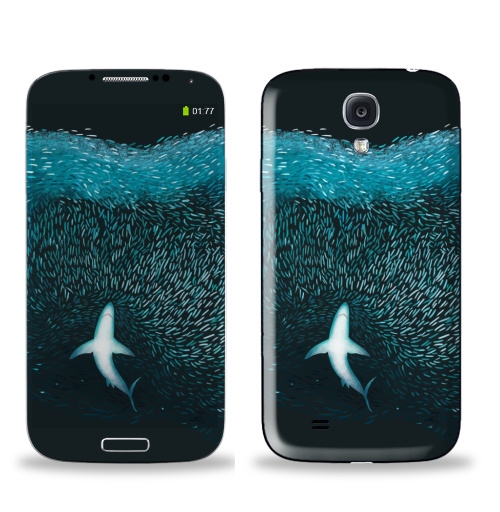 Наклейка на Телефон Samsung Galaxy S4 (i9500) Акула с рыбками,  купить в Москве – интернет-магазин Allskins, акула, морская, рыба, животные, графика, голубой, океаны, глубина, бирюзовый