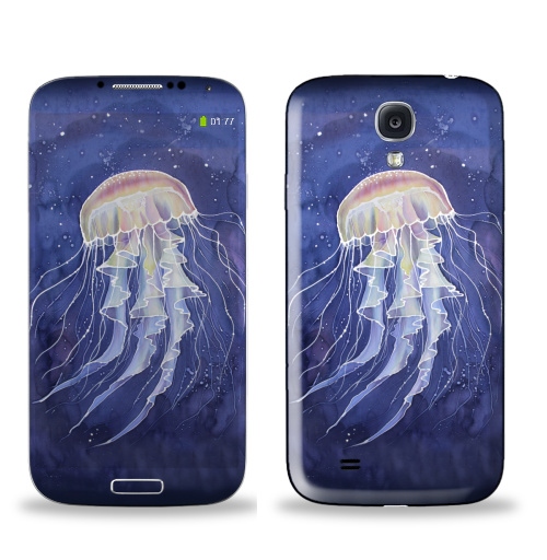 Наклейка на Телефон Samsung Galaxy S4 (i9500) Медуза батик,  купить в Москве – интернет-магазин Allskins, батик, синий, графика, молюск, морская, медуза, роспись, шелку