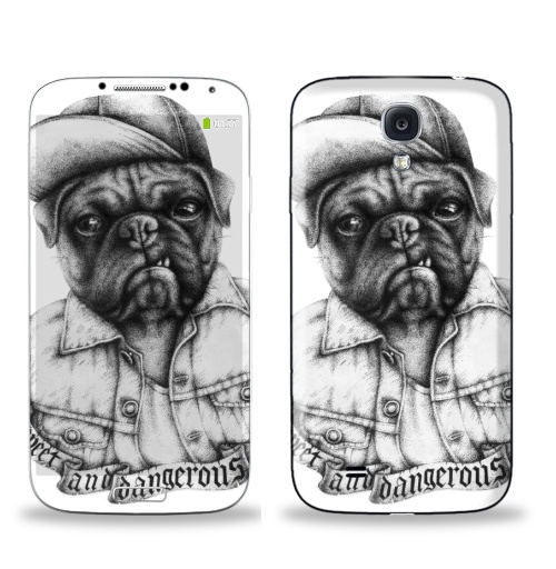 Наклейка на Телефон Samsung Galaxy S4 (i9500) Опасный мопс,  купить в Москве – интернет-магазин Allskins, крутые животные, черное и белое, Мопс, собаки, мило, кепка, дерзкий, татуировки, оскал, черно-белое, хулиган