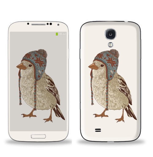 Наклейка на Телефон Samsung Galaxy S4 (i9500) Птица в шапке,  купить в Москве – интернет-магазин Allskins, 300 Лучших работ, пипстер, шапка, птицы, зима, новый год, коричневый, крутые животные