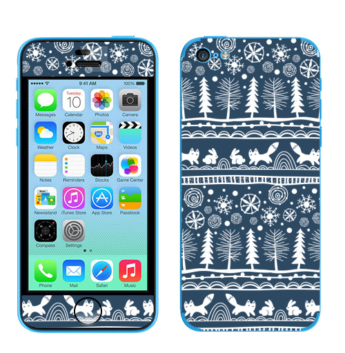 Наклейка на Телефон Apple iPhone 5C Зимний лес,  купить в Москве – интернет-магазин Allskins, зима, лиса, лес, деревья, заяц, забавный, паттерн, снег