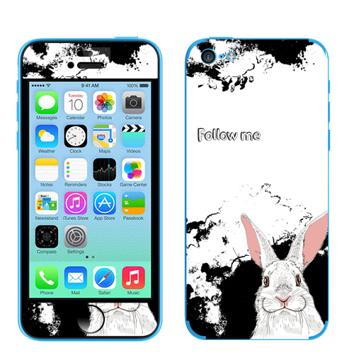 Наклейка на Телефон Apple iPhone 5C Следуй за белым кроликом,  купить в Москве – интернет-магазин Allskins, надписи на английском, заяц, белый, графика, надписи, черный, черно-белое, кролики, животные, зима