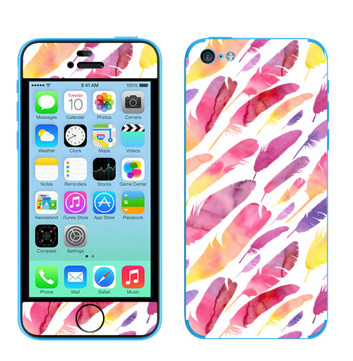 Наклейка на Телефон Apple iPhone 5C Акварельные перышки на белом фоне,  купить в Москве – интернет-магазин Allskins, перья, фиолетовый, сиреневый, лимонный, розовый, градиент, текстура, акварель
