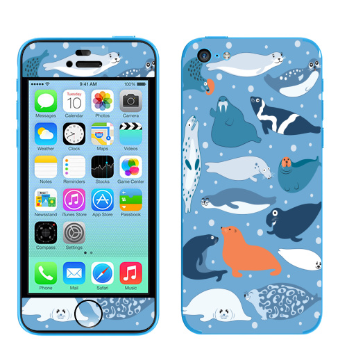 Наклейка на Телефон Apple iPhone 5C Ластоногие,  купить в Москве – интернет-магазин Allskins, мимими, веселый, забавный, тюлень, тюлени, морж, белёк, голубой, морская