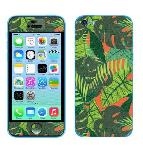Наклейка на Телефон Apple iPhone 5C Тропический принт,  купить в Москве – интернет-магазин Allskins, дистья, монстера, монстры, птицы, цветы, текстура, паттерн, джунгли, тропики