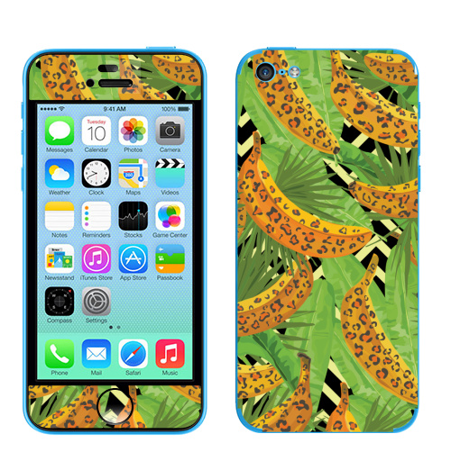 Наклейка на Телефон Apple iPhone 5C Паттерн с банами,  купить в Москве – интернет-магазин Allskins, зеленый, текстура, хищник, джунгли, листья, тропики, паттерн, леопард, банан