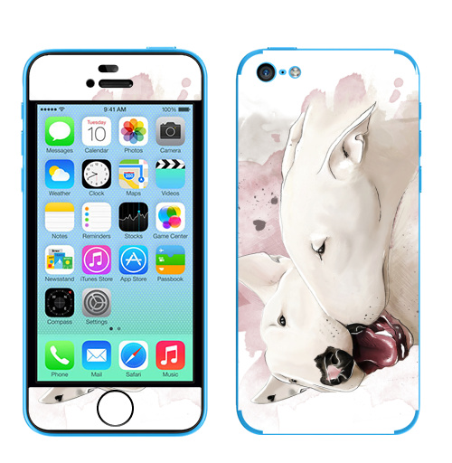 Наклейка на Телефон Apple iPhone 5C Влюбленные бультерьеры,  купить в Москве – интернет-магазин Allskins, крутые животные, собаки, бультерьер, любовь, сердце, акварель, нежно, поцелуй, животные, милые животные