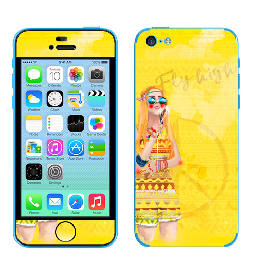 Наклейка на Телефон Apple iPhone 5C Девушка Хиппи,  купить в Москве – интернет-магазин Allskins, девушка, лето, желтый, оранжевый, хиппи, очки, рыжая, любовь, солнце