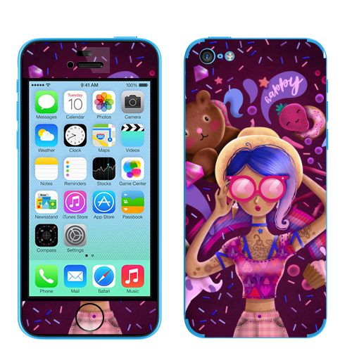 Наклейка на Телефон Apple iPhone 5C Сладкий,  купить в Москве – интернет-магазин Allskins, сладости, татуировки, вкусный, мило, очки, девушка, розовый