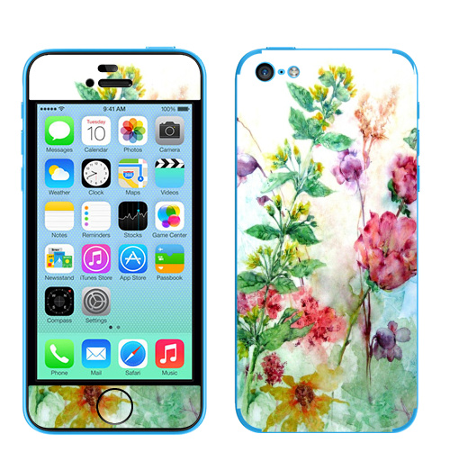 Наклейка на Телефон Apple iPhone 5C Лилии, Зверобой,  купить в Москве – интернет-магазин Allskins, цветокакварель, розовый, цветы, акварель, природа, рисунки, оригинально, нежно, желтый