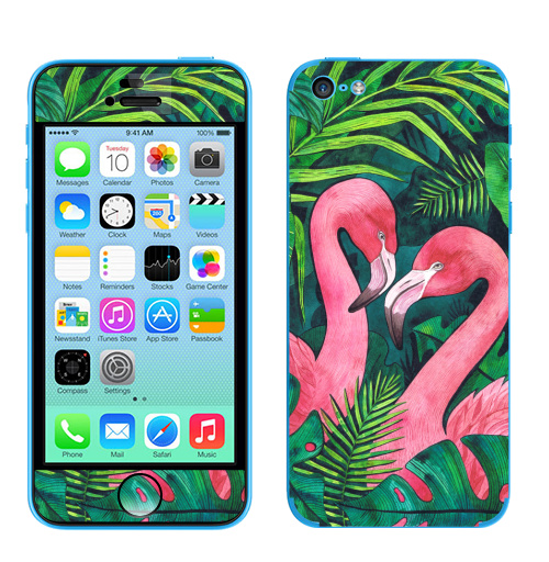 Наклейка на Телефон Apple iPhone 5C Тропические Фламинго,  купить в Москве – интернет-магазин Allskins, розовый, фламинго, птицы, тропики, фауна, акварель, лето, зеленый, 14 февраля