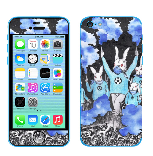 Наклейка на Телефон Apple iPhone 5C Кролики около футбола,  купить в Москве – интернет-магазин Allskins, кролики, заяц, футбол, футбольные_фанаты, болельщики