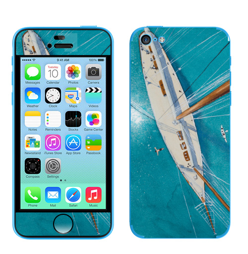 Наклейка на Телефон Apple iPhone 5C Каникулы на яхте,  купить в Москве – интернет-магазин Allskins, аникулыы, отдых, вода, бирюзовый, мачты, лазурный, белый, морская, яхта