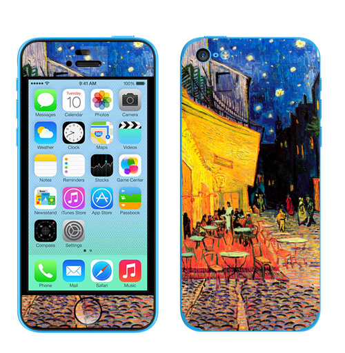 Наклейка на Телефон Apple iPhone 5C Ночная террасса кафе. Ван Гог,  купить в Москве – интернет-магазин Allskins, позитив, жизнерадостный, Ночнаятеррасса, Ван Гог, живописный, желтый, синий, красный, живопись, художник, художественный, мазки, кафе, ночь, плакат