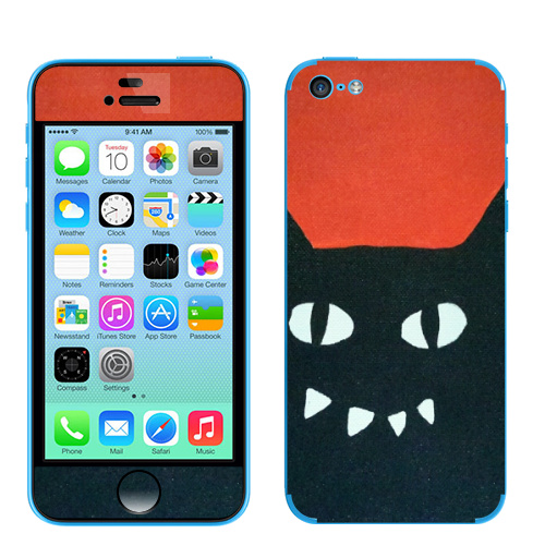 Наклейка на Телефон Apple iPhone 5C Черный кот на красном.,  купить в Москве – интернет-магазин Allskins, кошка, животные, Красночерный, черный, черныйкот, красный, Глазищи, зубастый