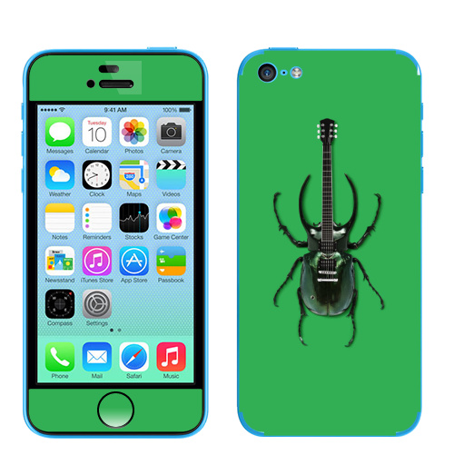 Наклейка на Телефон Apple iPhone 5C Музыка насекомых,  купить в Москве – интернет-магазин Allskins, жук, насекомые, гитара, зеленый, музыка, природа, поп-арт, сюрреализм