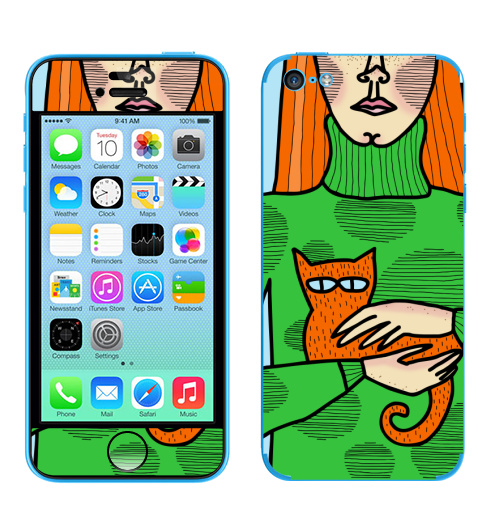 Наклейка на Телефон Apple iPhone 5C Лучший друг кот,  купить в Москве – интернет-магазин Allskins, кошка, девушка, дружба, рыжая, яркий