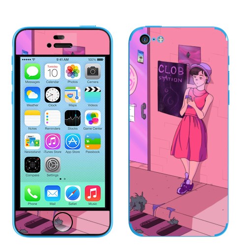 Наклейка на Телефон Apple iPhone 5C Розовый вечер,  купить в Москве – интернет-магазин Allskins, розовый, кафе, девушка, улица, искусство, молота, вечер