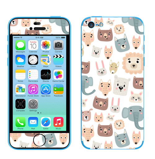 Наклейка на Телефон Apple iPhone 5C Зверята,  купить в Москве – интернет-магазин Allskins, лев, слоны, собаки, енот, медведь, детские, питбуль, заяц