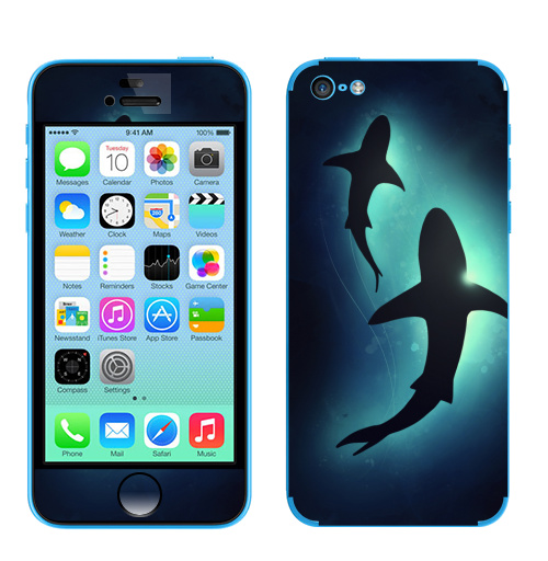 Наклейка на Телефон Apple iPhone 5C Черные акулы,  купить в Москве – интернет-магазин Allskins, брызги, акварель, иллюстация, паттерн, солнце, вода, оекан, морская, рыба, акула