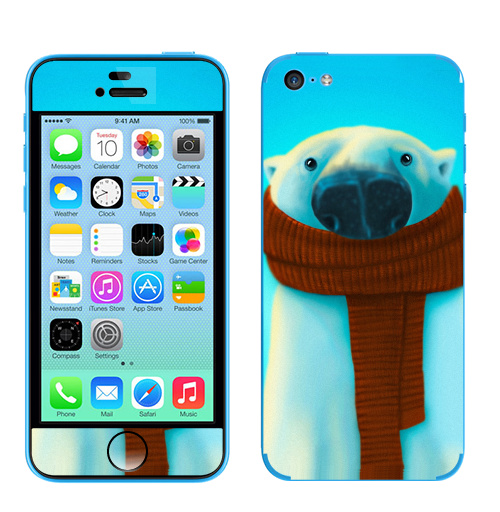 Наклейка на Телефон Apple iPhone 5C Михаил Белошубов,  купить в Москве – интернет-магазин Allskins, крутые животные, зима, медведь, шарф, детские, 300 Лучших работ, милые животные