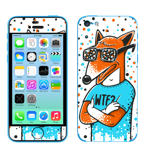 Наклейка на Телефон Apple iPhone 5C WTF?,  купить в Москве – интернет-магазин Allskins, милые животные, 300 Лучших работ, голубой, конфетти, очки, лиса, животные, оранжевый