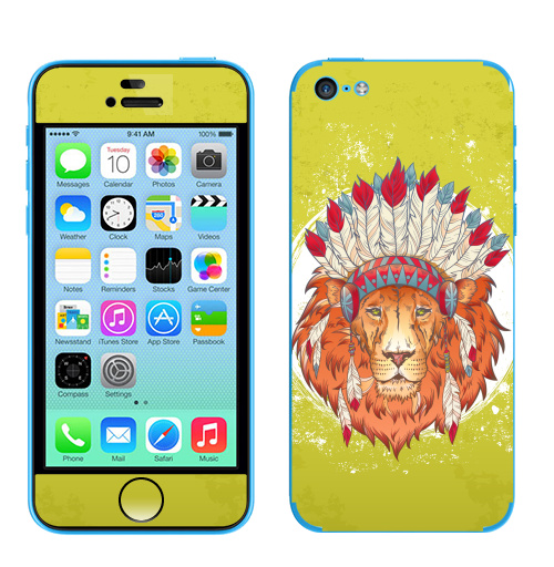 Наклейка на Телефон Apple iPhone 5C ВОЖДЬ ЗВЕРЕЙ,  купить в Москве – интернет-магазин Allskins, индеец, животные, лев, иллюстация, перья