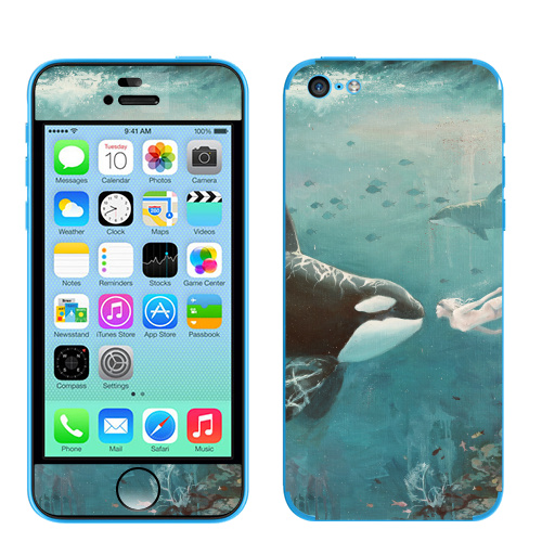 Наклейка на Телефон Apple iPhone 5C Орка,  купить в Москве – интернет-магазин Allskins, голубой, любовь, касатка, морская, подводная, дельфины, девушка, зеленый