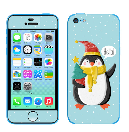 Наклейка на Телефон Apple iPhone 5C Пингвин с ёлкой,  купить в Москве – интернет-магазин Allskins, шапка, снег, новый год, пингвин, детские