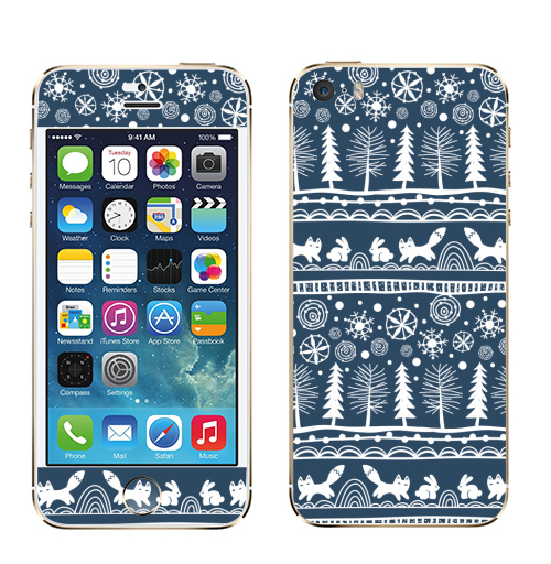 Наклейка на Телефон Apple iPhone 5S, 5SE Зимний лес,  купить в Москве – интернет-магазин Allskins, зима, лиса, лес, деревья, заяц, забавный, паттерн, снег