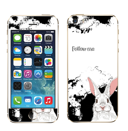 Наклейка на Телефон Apple iPhone 5S, 5SE Следуй за белым кроликом,  купить в Москве – интернет-магазин Allskins, надписи на английском, заяц, белый, графика, надписи, черный, черно-белое, кролики, животные, зима