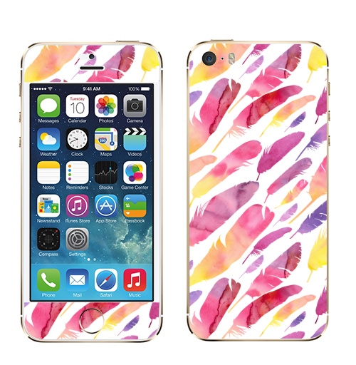 Наклейка на Телефон Apple iPhone 5S, 5SE Акварельные перышки на белом фоне,  купить в Москве – интернет-магазин Allskins, перья, фиолетовый, сиреневый, лимонный, розовый, градиент, текстура, акварель