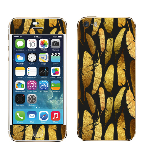 Наклейка на Телефон Apple iPhone 5S, 5SE - Золотые перья -,  купить в Москве – интернет-магазин Allskins, фольга, текстура, золото, черный, перья, контур