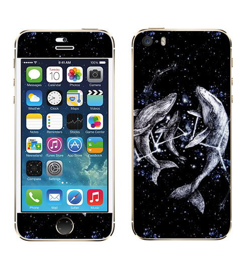Наклейка на Телефон Apple iPhone 5S, 5SE Межгалактические киты,  купить в Москве – интернет-магазин Allskins, полностьючерный, небо, животные, ночь, звезда, космос, киты